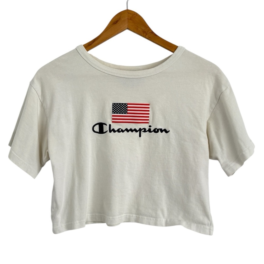 Champion Cream Tee with Embroidered Navy Logo and American Flag